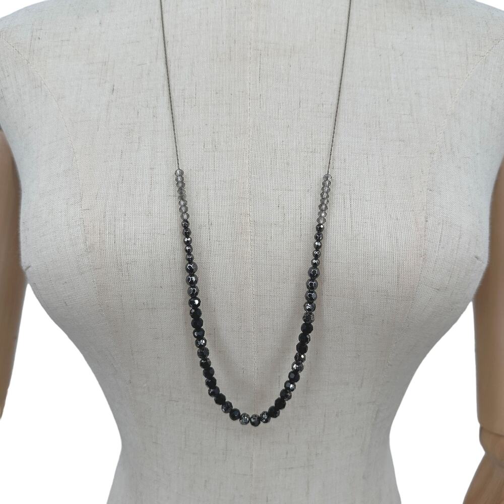 LOFT Long Necklace Beaded Chain Silver Tone Black and Gray Beads 33 Inch